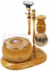 Colonel Conk Mach 3 Marble Fossil 5-Piece Hand Crafted Shave Set (Shaving Bowl + Gold Stand + Gold Mach3 Razor + Pure Badger Brush + Soap) CC250-GOLD