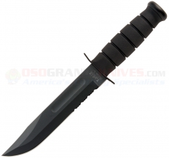 KA-BAR 1212 Black Fighting Utility Knife Fixed (7.0 Inch 1095 Cro-Van Black Combo Blade) Black Kraton Handle + Leather Sheath 2-1212-3