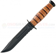 KA-BAR 1218 USMC Fighting Utility Knife Fixed (7 Inch 1095 Cro-Van Black Combo Blade) Leather Handle + Leather Sheath 2-1218-5