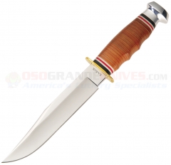 KA-BAR 1236 Bowie Knife Fixed (6.94 Inch Clip Point Satin Plain Blade) Stacked Leather Handle + Leather Sheath 2-1236-9