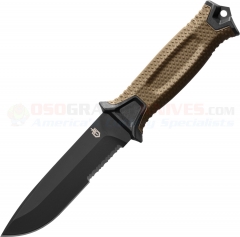 Gerber StrongArm Knife Fixed (4.8 Inch Black 420HC Combo Blade) Coyote Tan GFN Handle + Molded Polymer Sheath 30-001059