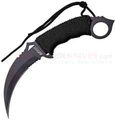 MTech Karambit Fixed Blade Knife (4.0 Inch 440A Black Combo Hawkbill Blade) Black Cord Wrapped Handle MT2076BK