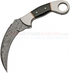 Damascus Karambit Fixed Blade Knife (4.25 Inch Damascus Hawkbill Plain Blade) Buffalo Horn Handle + Black Leather Sheath DM1177
