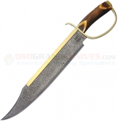 Rough Rider Gold Star Damascus Bowie Knife Fixed (14.5 Inch Damascus Clip Point Blade) Brown Bone Handle + Leather Sheath RR1942