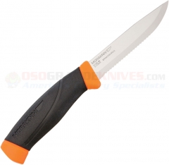 Morakniv Mora of Sweden Companion Knife Fixed (4.0 Inch Stainless Steel Satin Serrated Blade) Orange/Black Polyamide Handle + Polymer Sheath FT10180