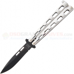 Bear & Son Butterfly Knife (4.125 Inch 1095HC Spear Point Black Plain Blade) Stainless Steel Handle SS15
