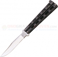 Bear & Son Butterfly Knife (4.125 Inch 440HC Clip Point Satin Plain Blade) Black Silver Vein Textured Zinc Handle BC114