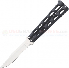 Bear & Son Butterfly Knife (4.125 Inch 440HC Clip Point Satin Plain Blade) Black Textured Zinc Handle BC114B