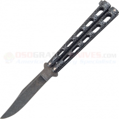 Bear & Son Damascus Butterfly Knife (4.125 Inch Clip Point Plain Blade) Black Silver Vein Textured Zinc Handle BC114D