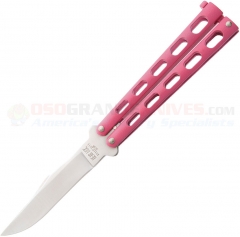 Bear & Son Butterfly Knife (4.125 Inch 440HC Clip Point Satin Plain Blade) Pink Textured Zinc Handle BC114PK