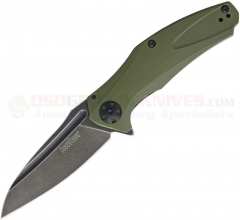 Kershaw Natrix Spring Assisted Flipper Folding Knife (3.25 Inch BlackWash 8Cr13MoV Drop Point Plain Blade) OD Green G10 Handle 7007OLBW