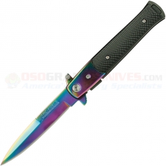 Tac-Force Milano Stiletto Speedster Spring Assisted LinerLock Folding Knife (3.75 Inch 440 Spectrum Rainbow Plain Blade) Black Aluminum Handle 428RB