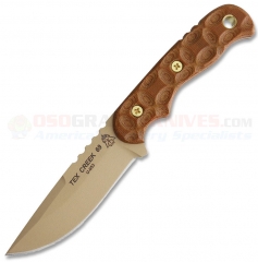 TOPS Knives Tex Creek 69 Fixed (4.19 Inch 1095HC Coyote Tan Drop Point Plain Blade) Tan RMT Micarta Handle + Leather Sheath TEX-69