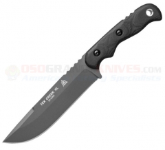 TOPS Knives Tex Creek XL Fixed (6.13 Inch 1095HC Sniper Gray Drop Point Plain Blade) Black Smooth Micarta Handle + Brown Leather Sheath TEX-XL