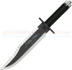 Rambo First Blood Part II Signature Edition Knife Fixed (10 Inch Black Blade with Sawtooth Spine) Hollow Black Cord Wrapped Handle + Leather Sheath 9295