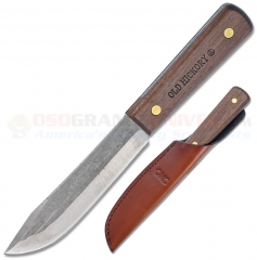 Old Hickory Hunting Knife (5.5 Inch 1095 Carbon Steel Blade) Burnt Hickory Handle + Leather Sheath 7026