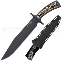 Cold Steel Drop Forged Bowie Knife Fixed (9.5 Inch 52100 Carbon Steel Plain Blade) Faux Stag Handle + Secure-Ex Sheath 36MK