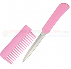 Hair Comb Knife Self-Defense Dagger (3.13 Inch Double-Edge Stainless Steel Blade) Pink Synthetic Handle MI223
