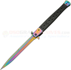 Mega Stiletto Spring Assisted Opening Rainbow Flipper Folding Knife (6.0 Inch Rainbow TiNi Plain Blade) Black G10 Handle CN300540RB