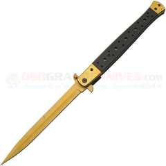 Mega Stiletto Spring Assisted Opening Gold Flipper Folding Knife (6.0 Inch Gold TiNi Plain Blade) Black G10 Handle CN300540GD