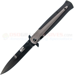 Smith & Wesson M&P MP301 Folding Dagger Stiletto Spring Assisted Flipper Linerlock Knife (4.0 Inch Black Plain Blade) Gray Stainless Handle w/ Black Nylon Inserts SW1085898