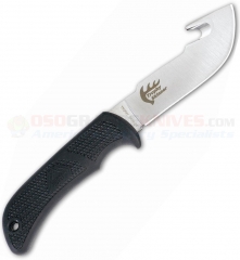 Outdoor Edge Trophy Skinner Knife Fixed (3.5in Satin Plain Guthook Blade) Black Kraton Handle + Leather Sheath OETS20