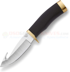 Buck Knives 691 Zipper Hunting Knife Fixed (4.25 Inch 420HC Satin Plain Guthook Blade) Black Rubber Handle w/ Brass Guard/Butt + Nylon Sheath 0691BKG