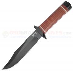 SOG S1T Bowie 2.0 Knife Fixed (6.4 Inch Black TiNi Plain Blade) Leather Handle + Leather Sheath S1T-L