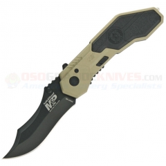 Smith & Wesson MP1BD Military & Police MAGIC Spring Assisted Opening Knife (2.9 Inch Drop Point Black Plain Blade) Tan Aluminum Handle w/ Glass Breaker SWMP1BD