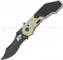 Smith & Wesson MP1BSD Military & Police MAGIC Spring Assisted Opening Knife (2.9 Inch Drop Point Black Combo Blade) Tan Aluminum Handle w/ Glass Breaker SWMP1BSD