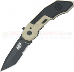 Smith & Wesson MP3BSD Military & Police MAGIC Spring Assisted Opening Knife (2.9 Inch Tanto Black Combo Blade) Tan Aluminum Handle w/ Glass Breaker SWMP3BSD