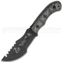 TOPS Knives Mini Tom Brown Tracker #4 Knife Fixed (3.5 Inch Black 1095HC Sawback Blade) Rocky Mountain Tread Micarta Handle + Black Kydex Sheath TBT-040RMT