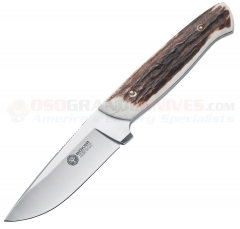 Boker Arbolito Stag Hunter Fixed (3.5 Inch Bohler N695 Satin Plain Blade) Premium Stag Handle + Leather Sheath 02BA319H