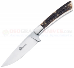 Boker Arbolito Nicker Hunting Knife (3.75 Inch T6MoV Satin Plain Blade) Stag Handle + Leather Sheath 02BA736H