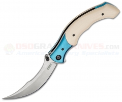 Columbia River CRKT Ritual Spring Assisted Flipper Folding Knife (4.369 Inch 12C27 Satin Persian Blade) Ivory Fiber Infused Resin Handle with Blue Steel Bolsters 7471