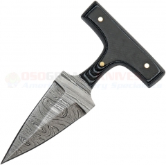 Damascus Push Dagger Knife Fixed (3 Inch Double-Edge Spearpoint Dagger Blade) Black Micarta Handle + Leather Sheath DM1317BK