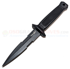 Survivor Mini Dagger Fixed (3.125 Inch Partially Serrated Double-Edge Black Spearpoint Blade) Black Textured Kraton Rubber Handle + Nylon Sheath HK-740BK