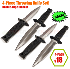 Small Dagger 4-Piece Throwing Knife Set (3.88 Inch Double-Edge Blades) Black Rubber Handles No Sheath CN210233NS-4PK