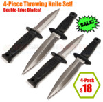 Small Dagger 4-Piece Throwing Knife Set (3.88 Inch Double-Edge Blades) Black Rubber Handles No Sheath CN210233NS-4PK